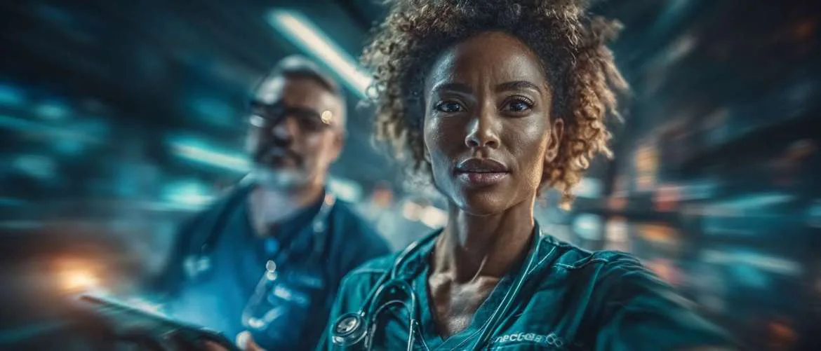 Healthcare professionals stepping forward in blue-green hospital corridor light