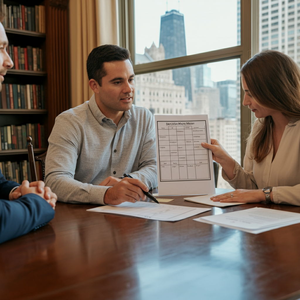 A Gold Coast homeowner and their real estate advisor reviewing multiple offer documents spread across an elegant library table. A decision matrix worksheet shows columns for price, contingencies, financing, and closing timeline with numerical rankings. Through tall windows, Chicago's skyline provides context for this high-stakes decision process.