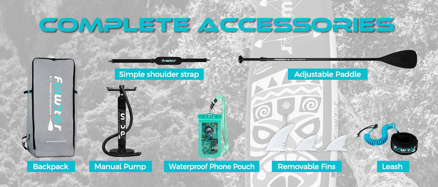 New TIKI 10'6" best budget sup board has complete accessories: removable fins, adjustable single-paddle, simple shoulder strap, inflatable paddle board pump and waterproof phone pouch