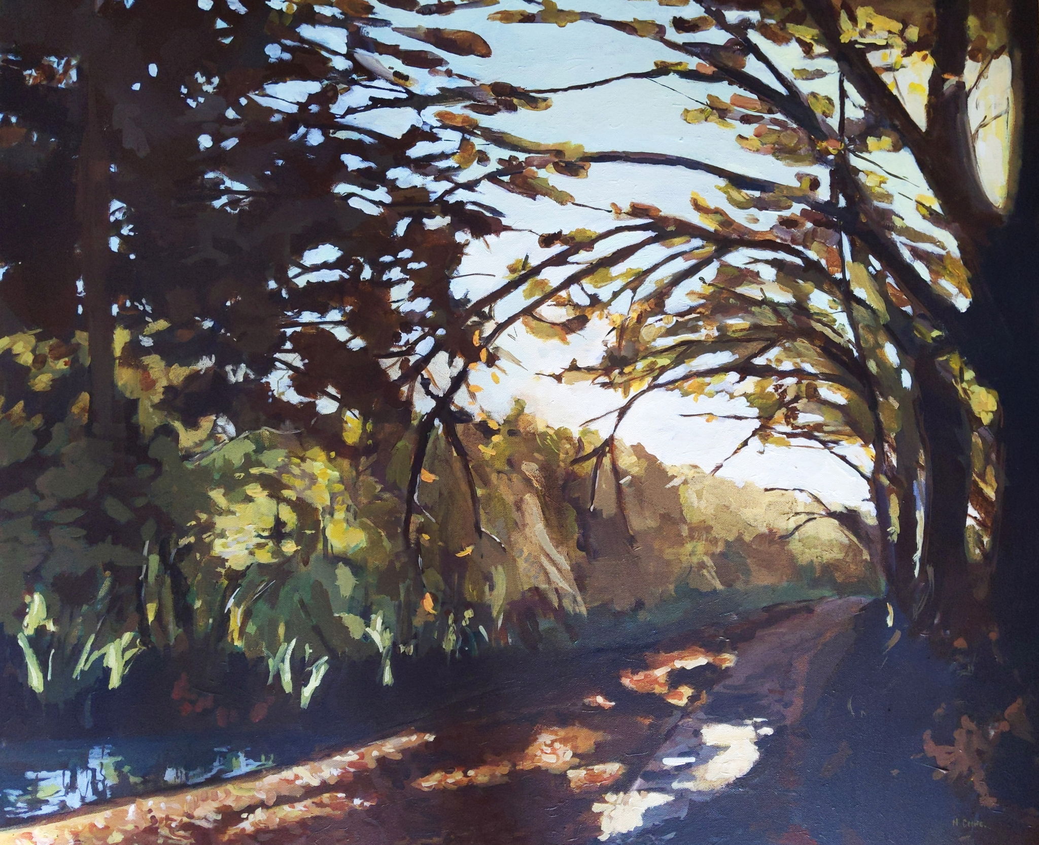 painting of light falling on a path through autumnal trees