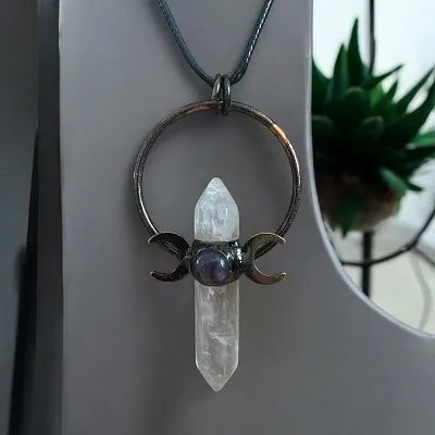 Clear Quartz Point & Amethyst Crystal Pendant - Includes Leather Band