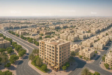 Aerial view of dense urban development in Dubai with buildings, roads, and trees. Prominent building at intersection. Features International City, Discovery Gardens, Deira.