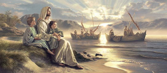 Jesus sitting with two boys on the seashore watching fishermen at work.