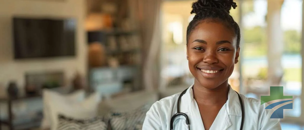Nurse giving personal touch through a telehealth session at home.