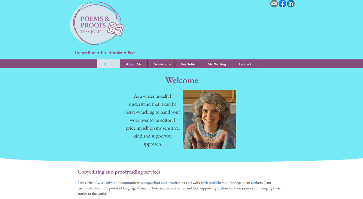 Screenshot of Tess Jolly, from the content editor & proofreader portfolios collection.