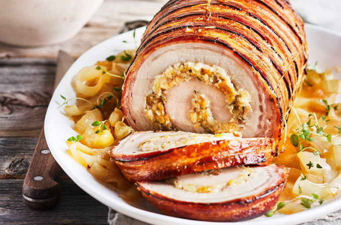 Maple Pork Roast Stuffed with Apple and Cheddar