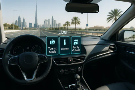 Car interior view with transparent display showing Uber options like Tourist, Business, and Family, overlaid on a Dubai cityscape background.