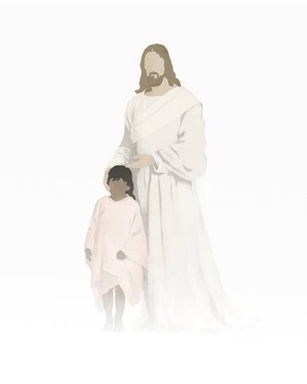 Minimalist painting of Jesus standing with a little girl.