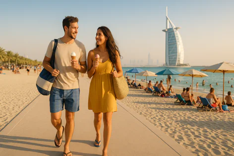 Happy couple walks on a beach promenade in Dubai eating ice cream with the iconic Burj Al Arab hotel in the background, beachgoers relax nearby.