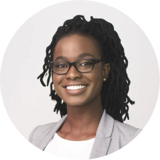 Professional headshot of a smiling woman with glasses, in a light blazer.