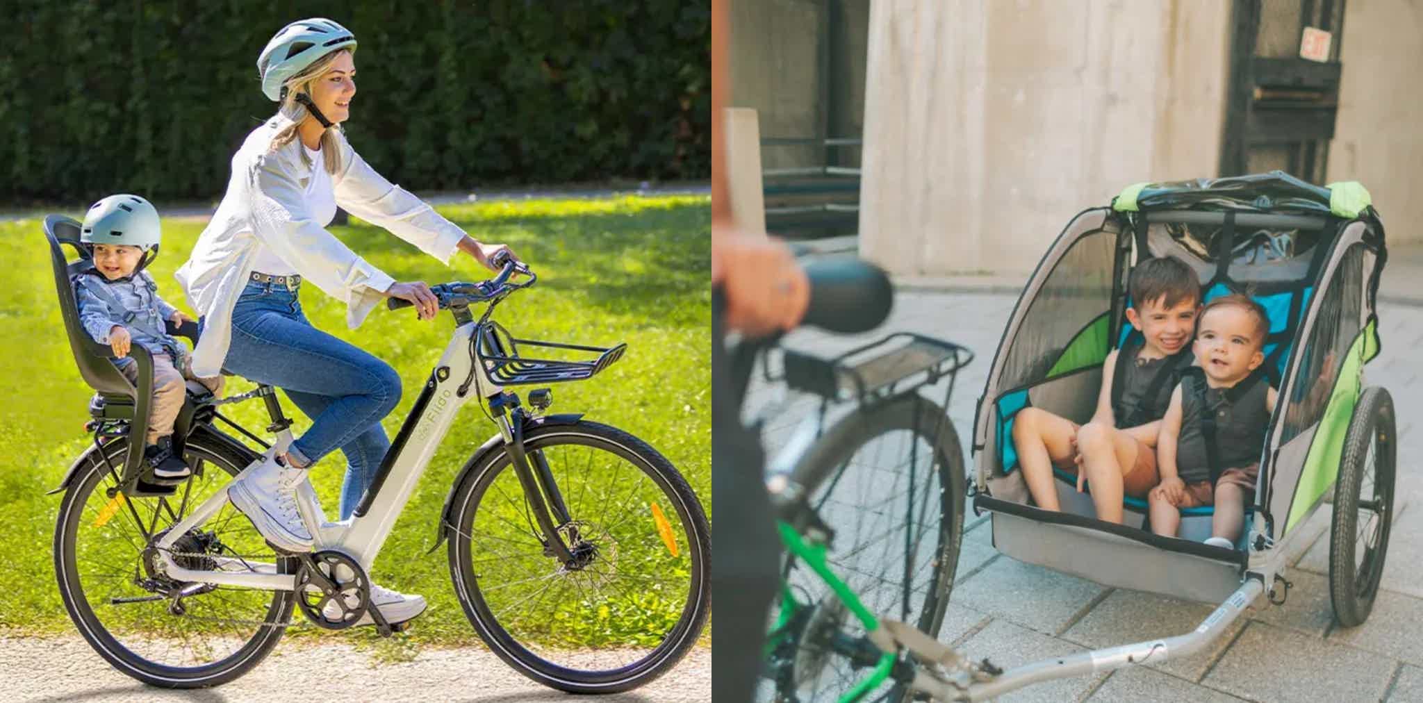 Montaje de una mujer llevando a un niño y de dos pequeños en un remolque en sus respectivas e-bikes.
