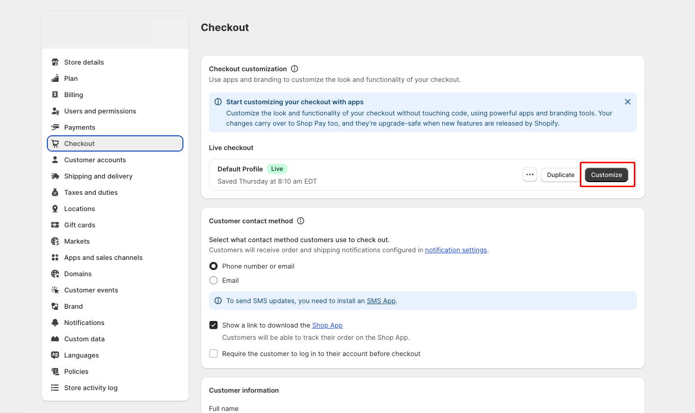 Access Checkout settings on Shopify store admin