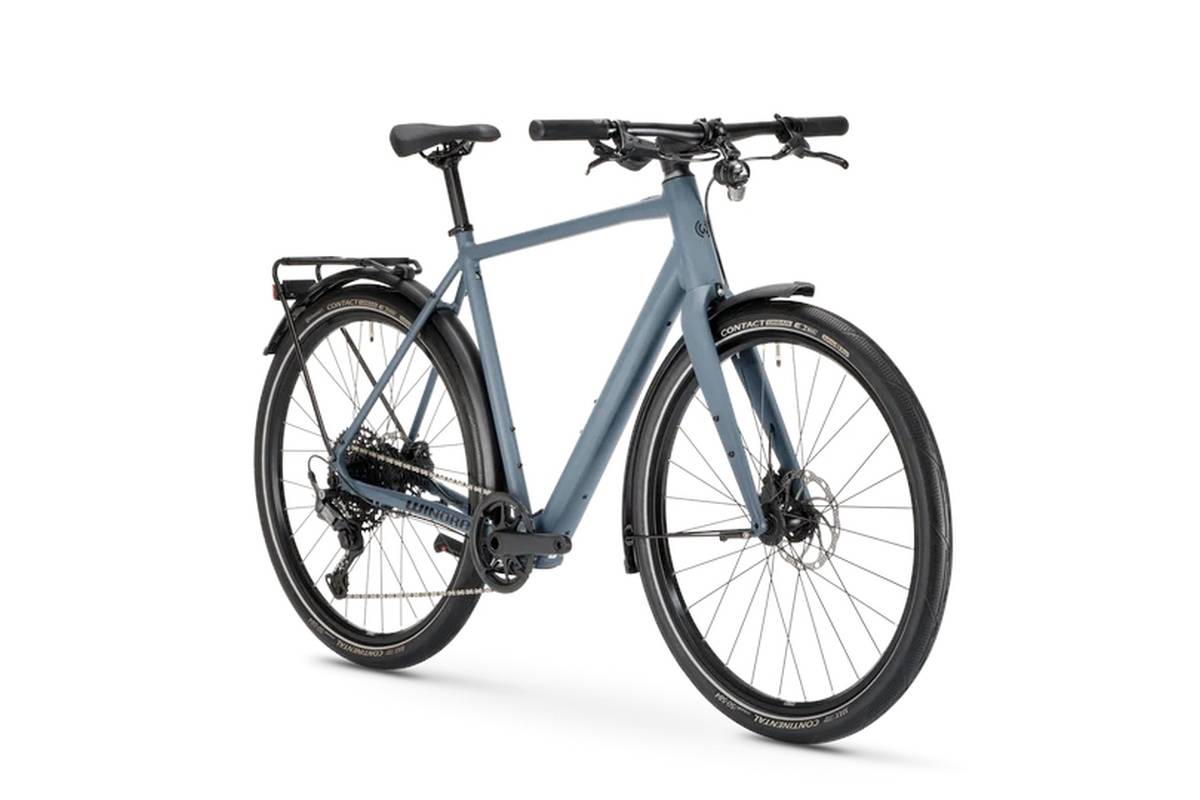 Winora E-Flitzer gris-bleu, vélo électrique de ville léger vu de trois quarts avant