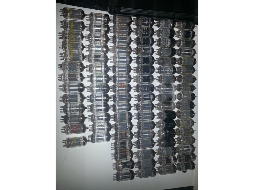 RCA , GE , Sylvania , Tung-sol, 12AX7 , 12AU7 , 12AT7 , 5814 , 5963  Lot of 92 audio amlifier vacuum tubes bulbs