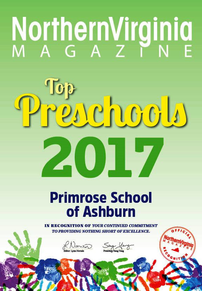 Top preschool poster from Virginia magazine featuring Primrose school of Ashburn's name