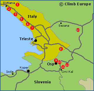 Map of the rock climbing areas around Osp and Trieste