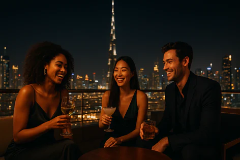 Three friends laughing on a rooftop bar at night, holding drinks with the illuminated Dubai skyline and Burj Khalifa in the background.