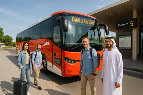 Four travelers smiling near an orange bus for Dubai to Abu Dhabi trip at Platform 5, with luggage and traditional attire.
