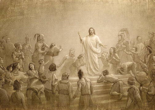 A sepia sketch of Jesus visting the people in ancient America.