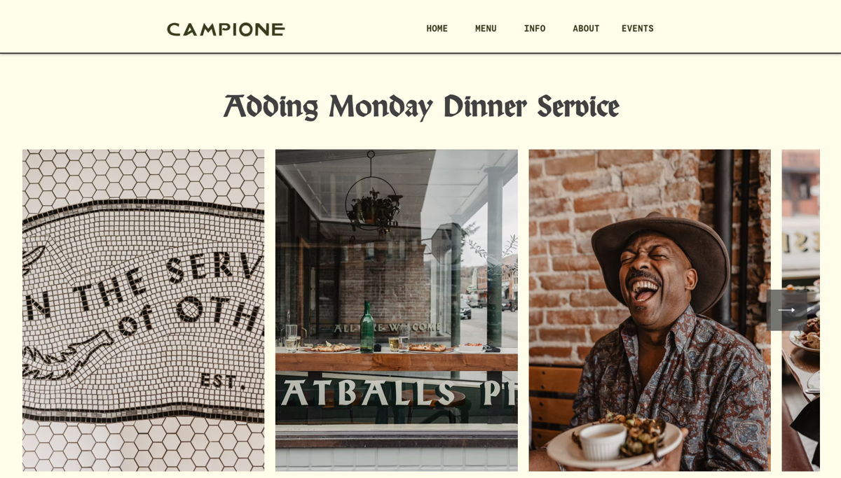 Screenshot of Campione, from the wix restaurant website examples collection.