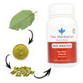 Red Kratom leaves, powdered extract, and capsules by The Herbalist designed for pain relief, deep sleep, and relaxation support.