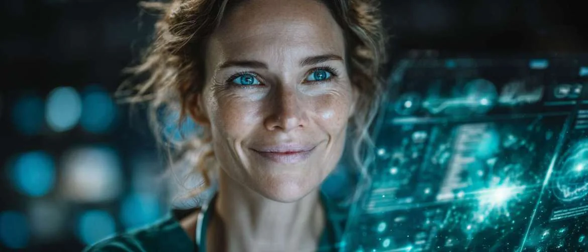 Healthcare professionals collaborate in a futuristic command center with glowing blue-green data displays.