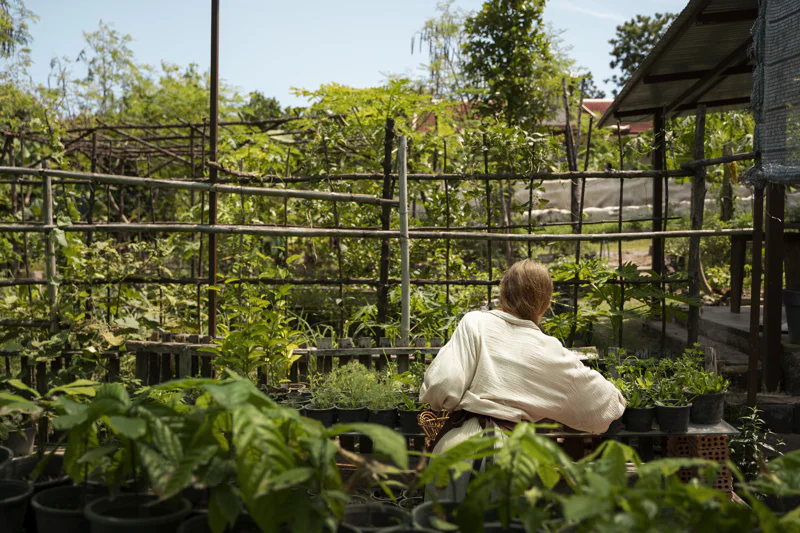 Woman holding a plant grown in a sunken garden bed.