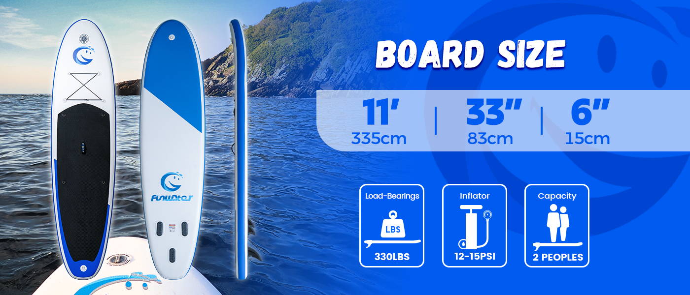 Inflatable paddle board size is 11' length, 33" width, load-bearings is 330LBS, inflator 12-15 PSI, capacity is 2 peoples