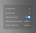 Wellue O2Ring app settings for customizing reminders, vibration, and screen brightness