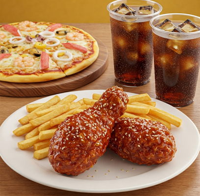 Combo pizza tự chọn cùng hai phần gà sốt, khoai tây chiên và hai ly nước ngọt Delica