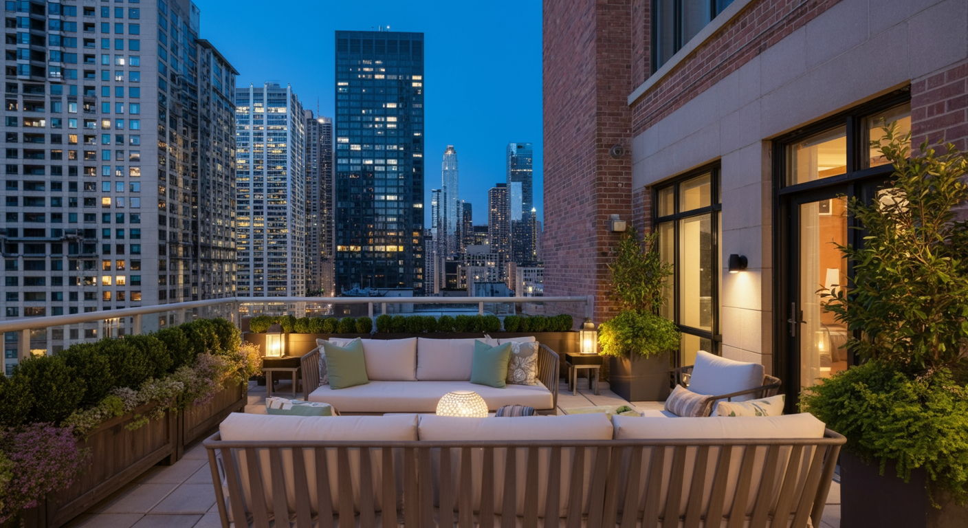 Streeterville penthouse terrace professionally staged with designer outdoor furniture, strategic lighting, and container gardens that frame the panoramic city views. The staging transforms the space into an entertainment destination that significantly enhances the property's perceived value.