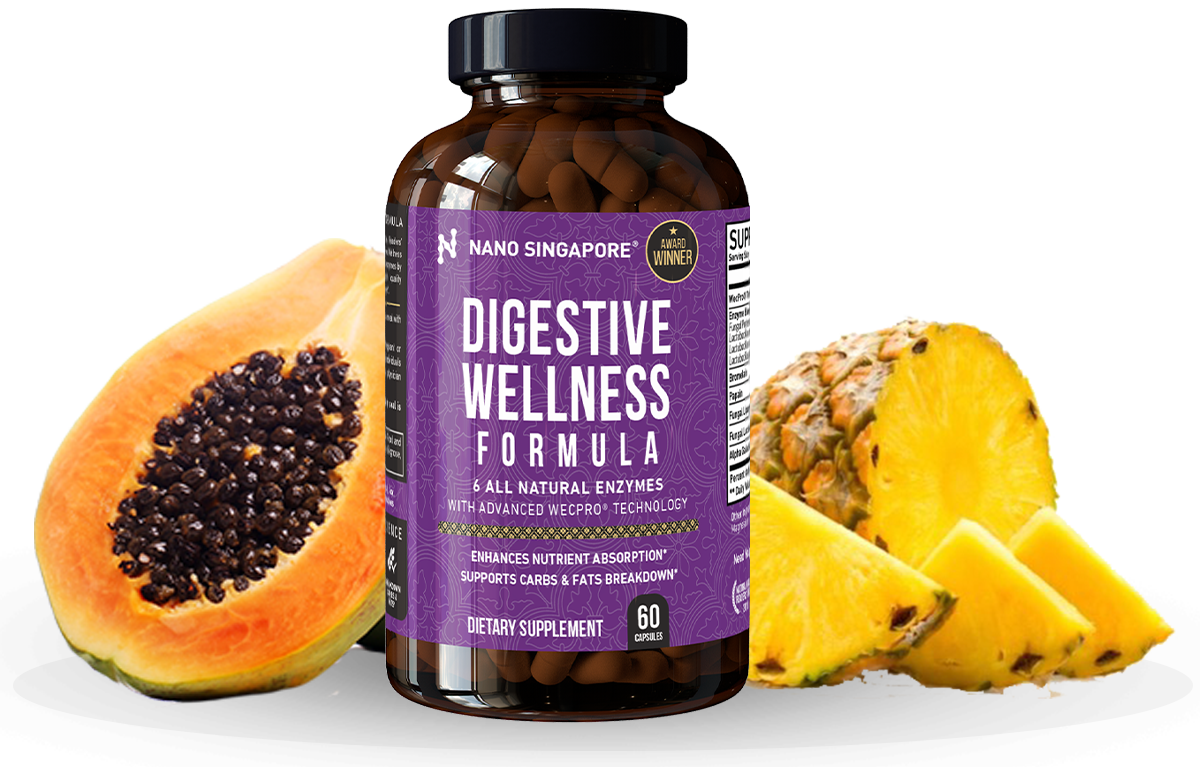 A bottle of the best digestive enzyme supplement surrounded by papaya and pineapple