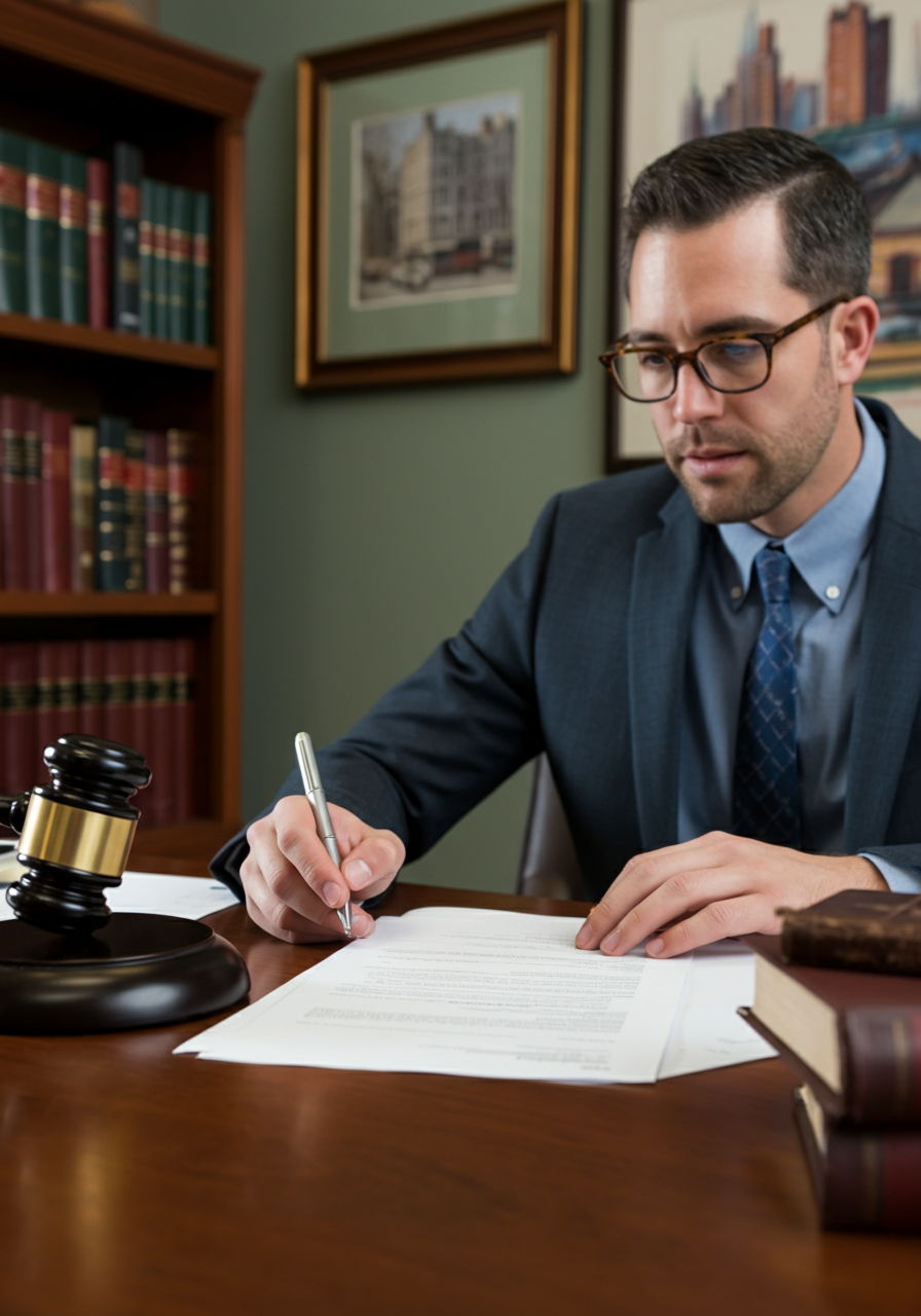 An attorney reviewing real estate closing documents with a fee agreement visible showing the typical $500-$800 flat fee structure. The office features Chicago-themed artwork and law books on nearby shelves.