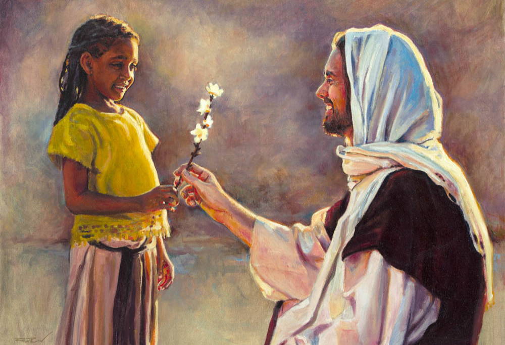 A little girl giving Jesus a branch of blossoms.