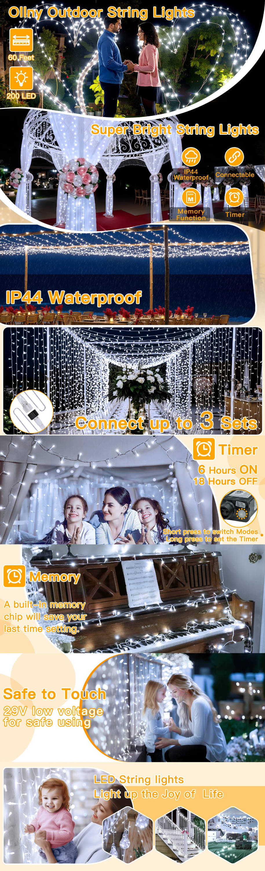 Features of Ollny's 800 leds green cable warm white string lights