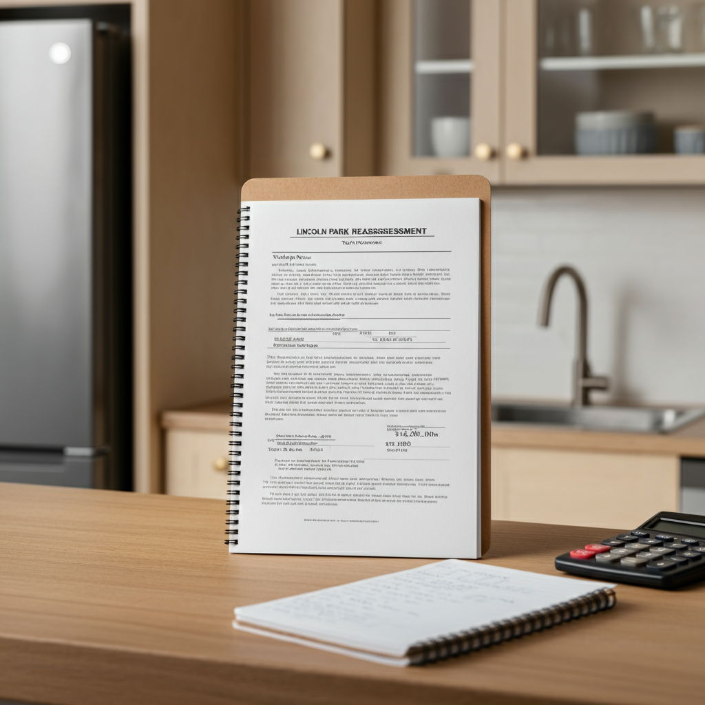 After: The same Lincoln Park condominium's 2024 reassessment notice showing the new value of $152,000, a 19% increase. The document is placed in the same kitchen setting, with a calculator and notepad nearby showing calculations of the tax impact.