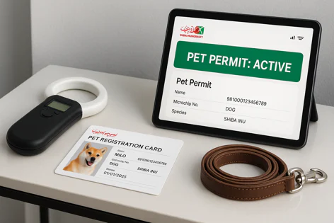 A pet registration card with a Shiba Inu dog, an active Dubai Municipality pet permit displayed on a tablet, a microchip scanner, and a leash are shown on a table.