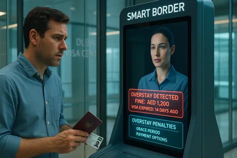 A man looks concerned at a smart border screen displaying 'Overstay Detected', a 1200 AED fine, and his visa expired 14 days ago. He holds his passport and ID card.