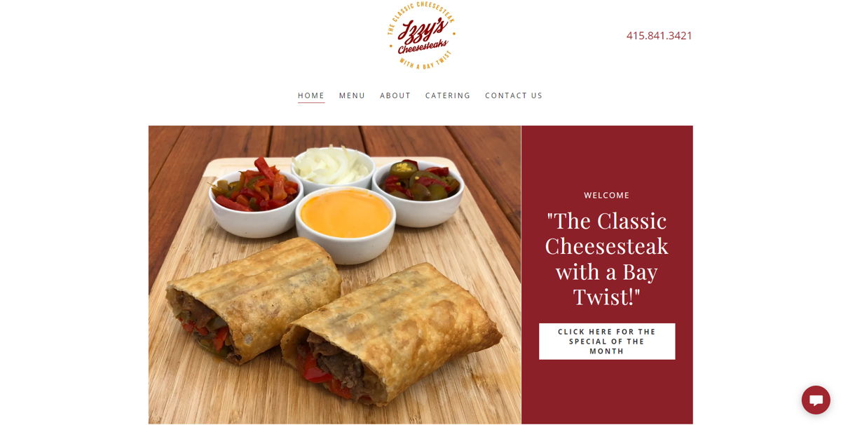 Screenshot of Izzy's Cheesesteaks, from the food truck websites collection.