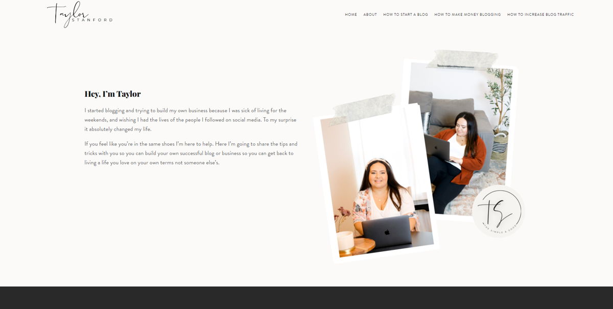 Screenshot of Taylor Stanford, from the squarespace blog examples collection.