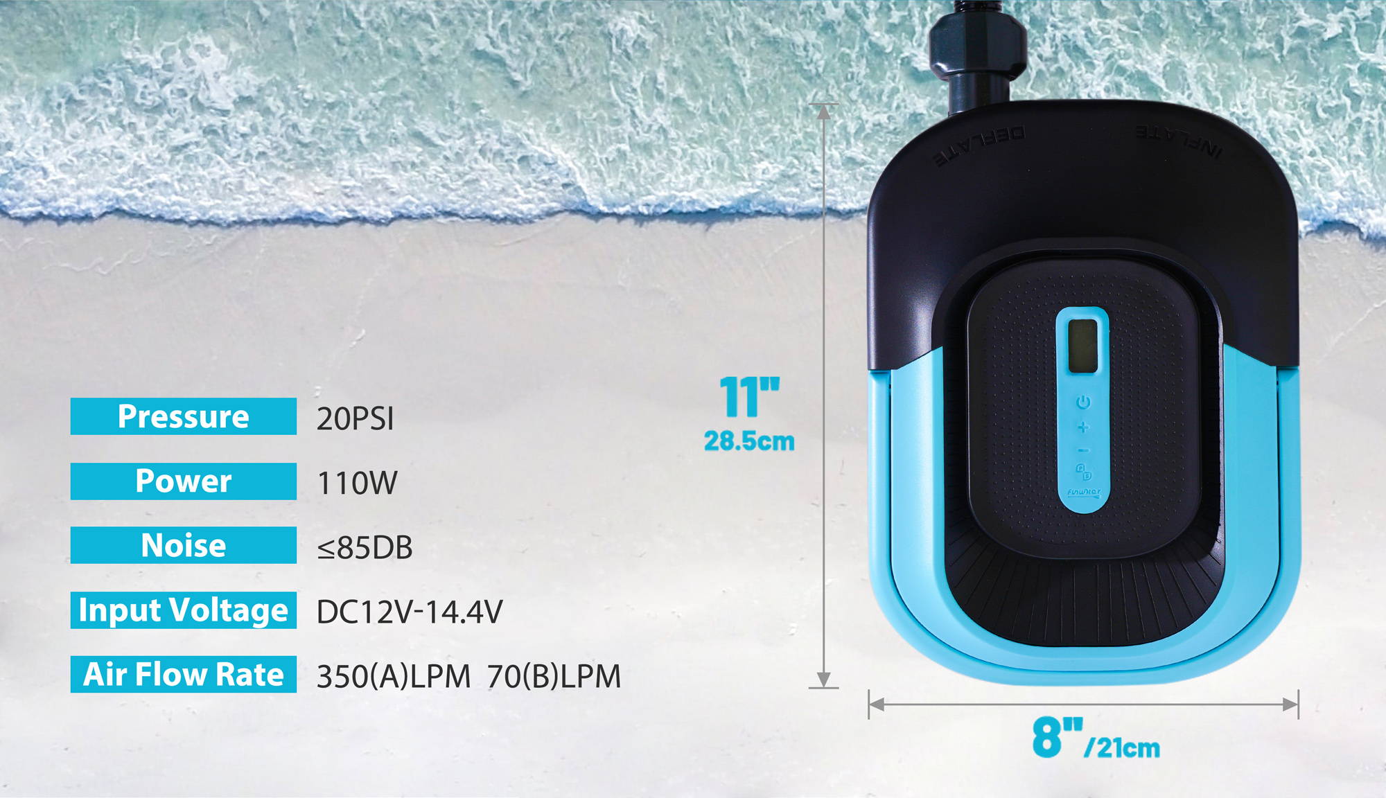 The size of Funwater in/deflatable electric pump is 11''in length and 8''in width