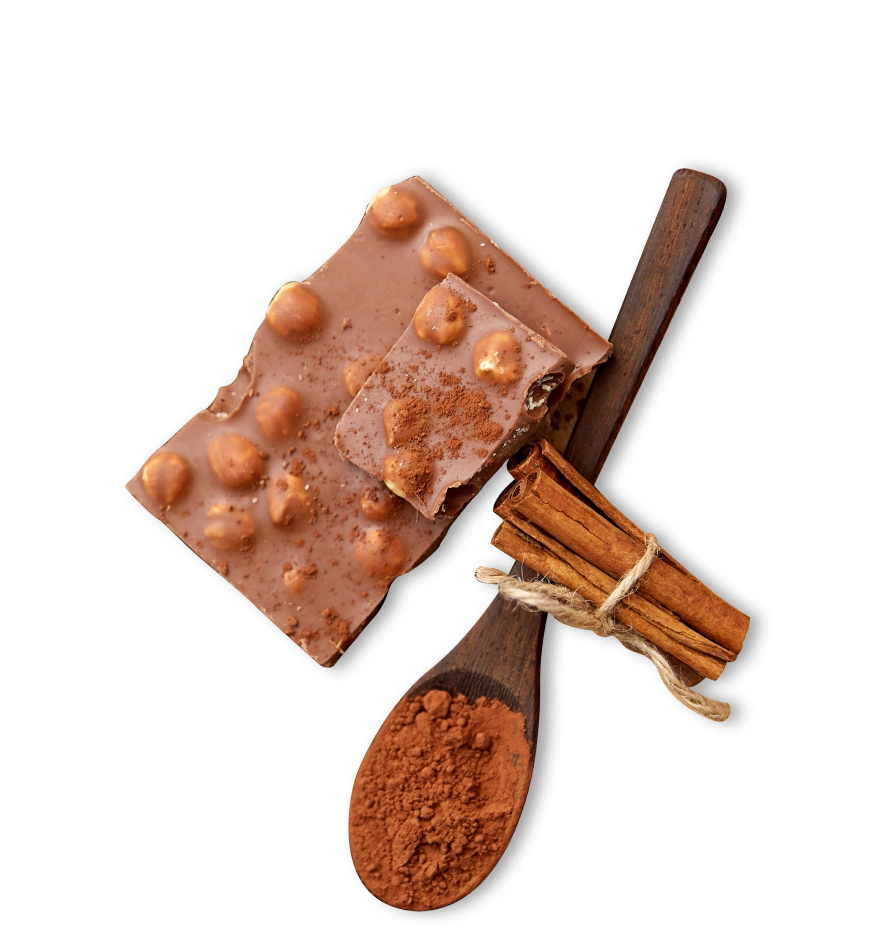 Pieces of a chocolate bar with a spoon filled with coca and a bundle of cinnamon