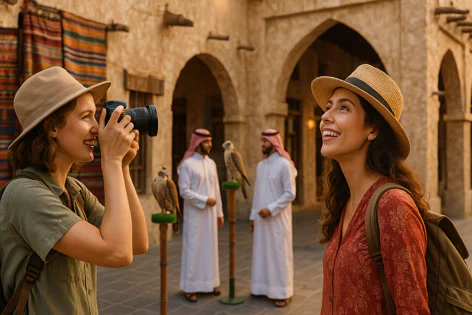 Smiling woman tourist photographs men in traditional Arabic dress posing with falcons in a historical souq area, while her friend smiles beside her.
