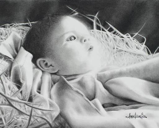 Charcoal drawing of baby Jesus lying in a manger.