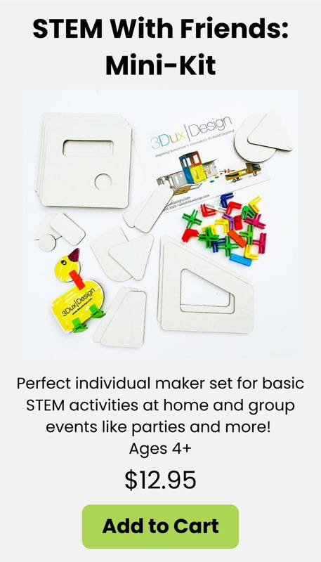 A fun hands-on STEM maker kit for kids ages 4+. Includes cardboard shapes and colorful connectors for creative building at home parties playdates and enrichment events. Great for introducing engineering design and imaginative problem-solving.