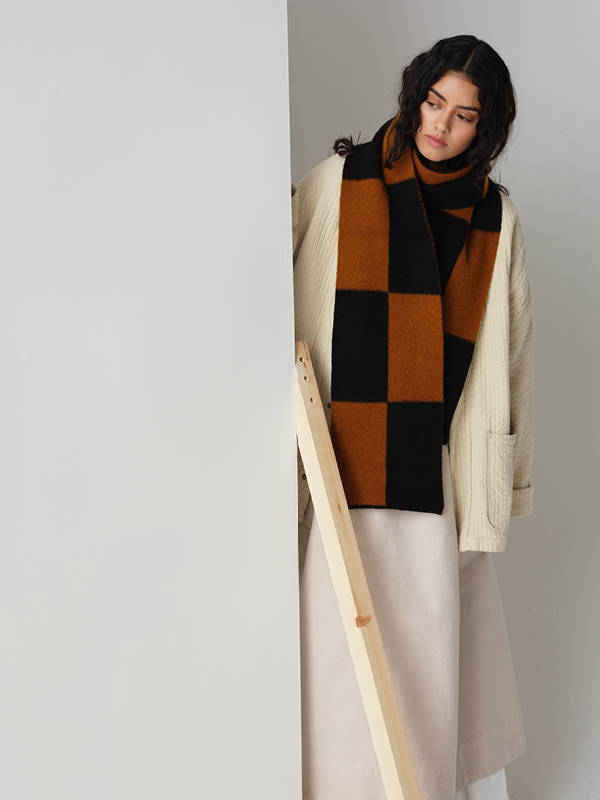 model wears Brushed Big Rectangles Scarf