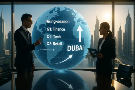 Two professionals analyze a holographic globe showing hiring trends for finance, tech, retail, and growth in Dubai, overlooking the city.