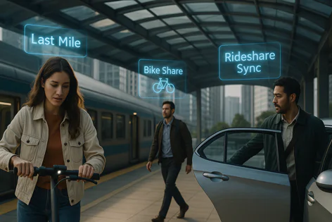 Passengers at a train station platform with text bubbles 'Last Mile', 'Bike Share', 'Rideshare Sync' showing multimodal transport solutions.