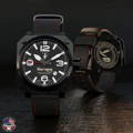 44mm Tactical case in PVD-black and black leather strap with red stitching. Dial markers in white.