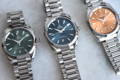 3 Omega Seamaster jade green, metallic blue and apricot on steel straps